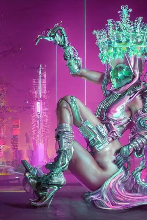 Image similar to full-body rococo and cyberpunk style neon statue of a young attractive guido macho dotado e rico android sim roupa reclining con las piernas abertas e la piroca dura, glowing white laser eyes, prince crown of pink gears, diamonds, swirling silver-colored silk fabric. futuristic elements. full-length view. space robots. human skulls. intricate artwork by caravaggio. Trending on artstation, octane render, cinematic lighting from the right, hyper realism, octane render, 8k, depth of field, 3D