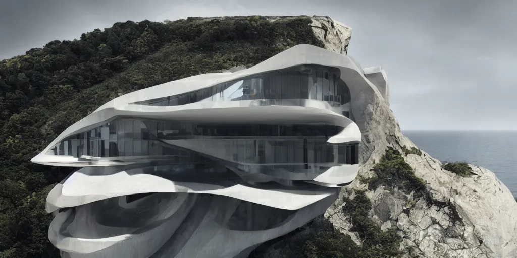 Image similar to modern house on a cliff designed by zaha hadid, cinematic lighting, deep focus, sharp focus, golden ratio, dramatic illumination, hdr, ultra realistic, 8 k, highly detailed, trending on artstation, epic composition, by caravaggio, by artemisia lomi gentileschi