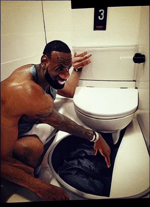 Image similar to instagram photo of lebron james stuck in a toilet, bad quality, shaky camera, funny