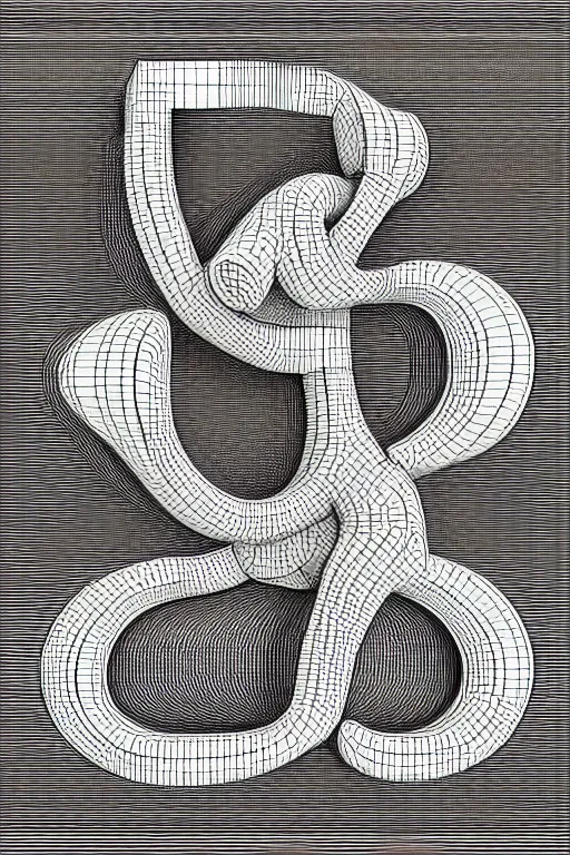 Image similar to intricate black and white 3d illustration of a ? symbol in style of m.c. Escher