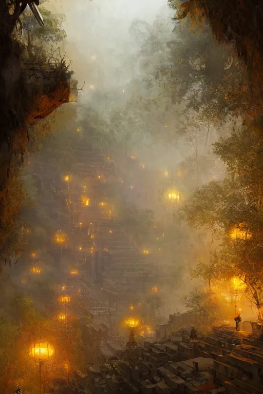 Image similar to old aztec city of gold in the middle of the forest, intricate, elegant, volumetric lighting, digital painting, highly detailed, artstation, sharp focus, illustration, concept art, ruan jia, steve mccurry