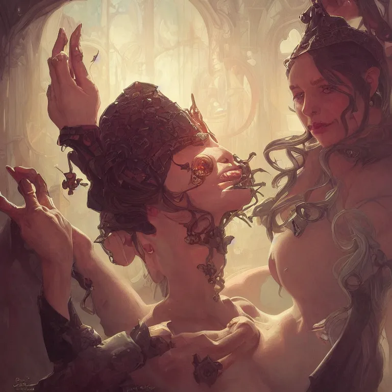 Image similar to portrait of a evil beholder, D&D, fantasy, highly detailed, digital painting, artstation, smooth, sharp focus, illustration, art by artgerm and greg rutkowski and alphonse mucha