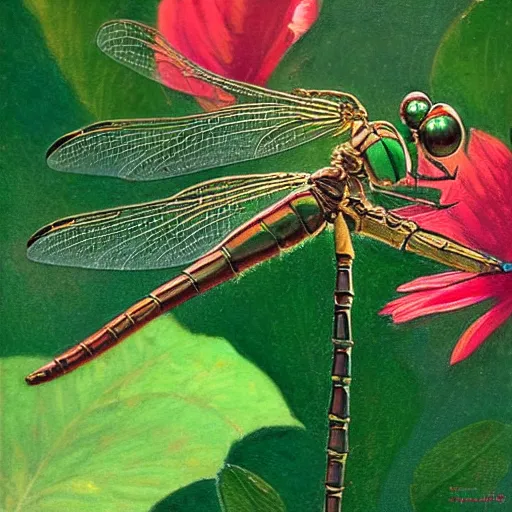 Prompt: emerald dragonfly close-up, Art by william adolphe bouguereau. During golden hour. Extremely detailed. Beautiful. 4K. Award winning.