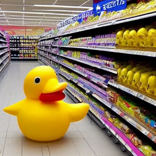 Prompt: a supermarket that sells only comically large rubber ducks