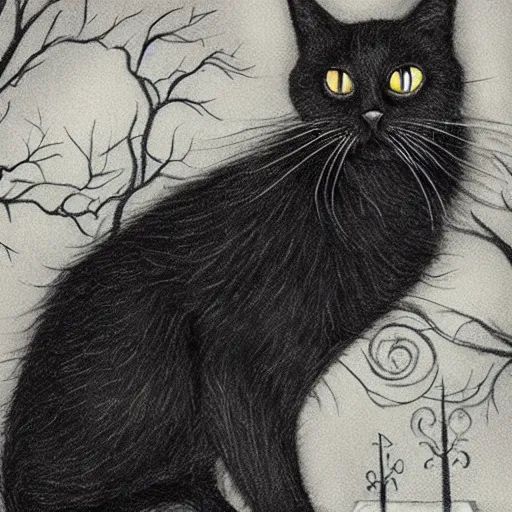 Image similar to black cat in graveyard at midnight halloween tattoo on shoulder by anton pieck, intricate, extremely detailed, digital painting, artstation concept art