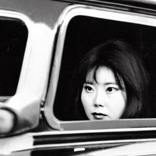 Image similar to 1960s press archive of the actress Choi Eun-Hee and director Shin Sang-ok coming out of a car, faces obscured, Reuters, 35mm film, film grain, mysterious exterior, underexposed