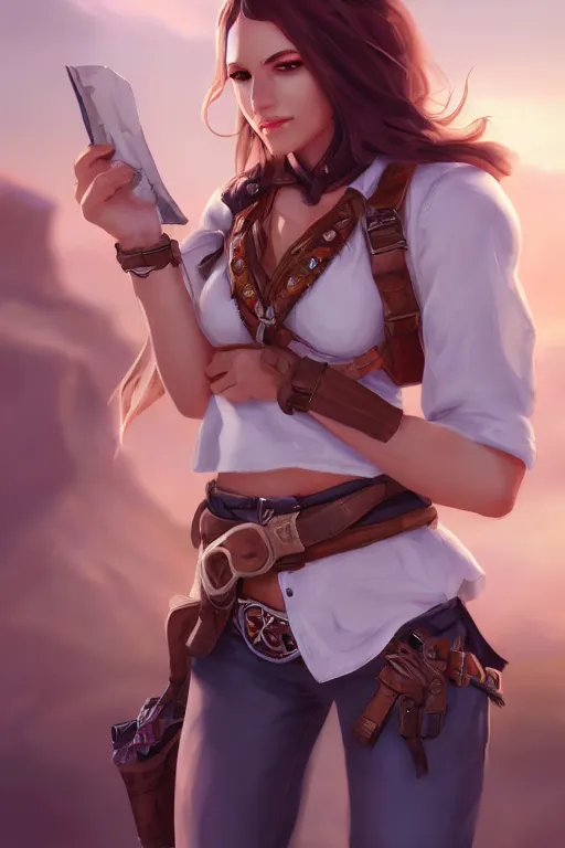 Image similar to full body, female cowgirl, perfect face, white blouse, holster, 8 k, magic the gathering, desert, d & d, artstation, high detail, smooth, muscular