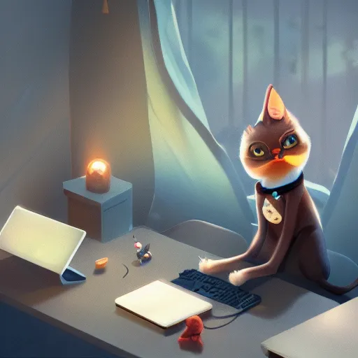 Image similar to a puppet cat is lying on the computer table, characterized by roman shipunov, etienne hebinger, atey ghailan, cgsociety, fantasy art, 2 d game art