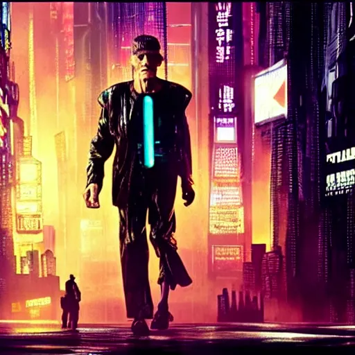 Image similar to william dafoe starring in a cyberpunk story in a distopic futuristic city in the style of bladerunner, movie still, highly detailed