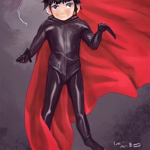 Prompt: little boy with cat ears in an black latex suit with red cape. digital artwork made by lois van baarle and kentaro miura, sharpness focus, inspired by hirohiko araki, anatomically correct, heroic composition, hero pose