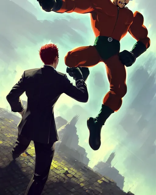 Image similar to gigachad luigi fighting like one punch man in a suit, fantasy character portrait, ultra realistic, full body concept art, intricate details, highly detailed by greg rutkowski, ilya kuvshinov, gaston bussiere, craig mullins, simon bisley