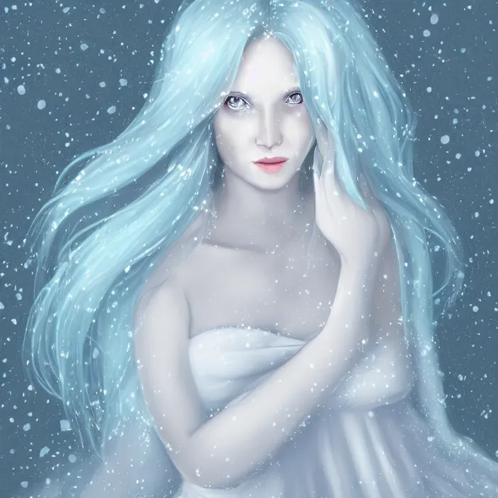 Image similar to full body portrait of a woman with pale blue hair wearing a long white dress made out of snowflake in the middle of a heavy snowstorm. she looks almost dead because of how pale she is. digital art by maromi sagi