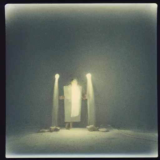 Image similar to polaroid by andrei tarkovsky and stephen gammell, surreal fever ray video of strange apparatus, rim light, shot at night with studio lights, liminal space, photorealistic, high definition, technicolor, award - winning photography, masterpiece, amazing colors,