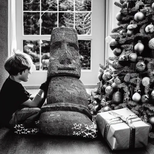 Image similar to a kid at christmas disappointed and sad that his present was a giant moai statue, his hands buried in his face, sitting down. | inside of a house next to a christmas tree, large present in the back