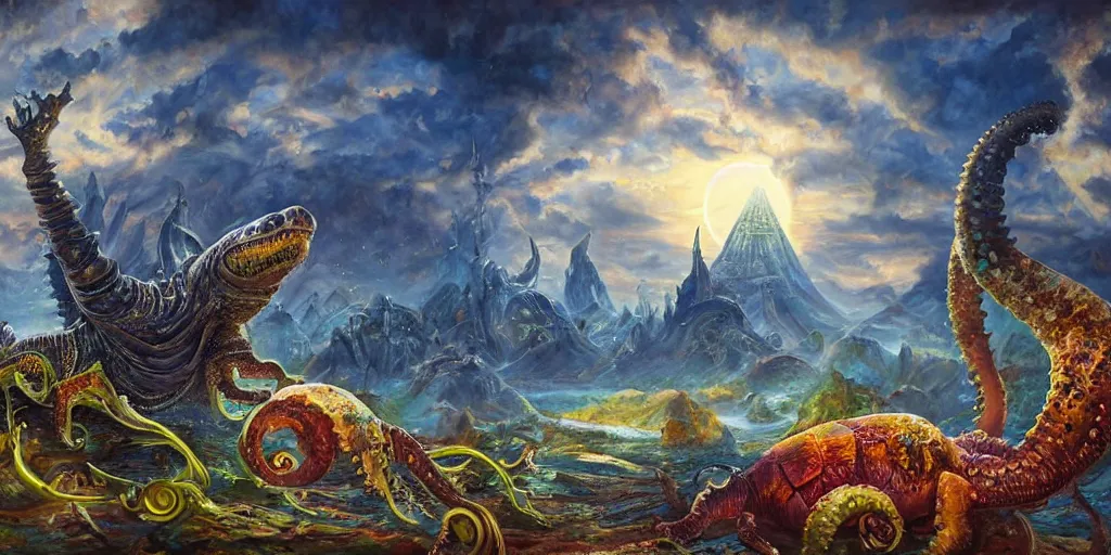 Image similar to fantasy oil painting, great leviathan, cybernetic turtle cephalopod terrapin reptilian pachyderm squid, bella hadid, hybrid, milla jovovich, anubis epic islamic city, natural light, lush plants flowers, spectacular mountains, bright clouds, luminous sky, outer worlds, golden hour, michael cheval, edward hopper, michael whelan, hd