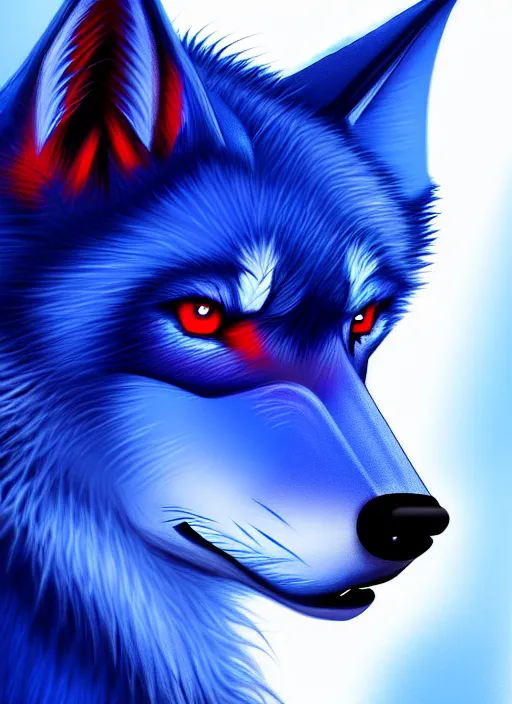 Image similar to blue wolf, red eyes highly detailed, deep focus, digital painting, smooth, sharp focus, anime art style, trending on artstation, 4 k