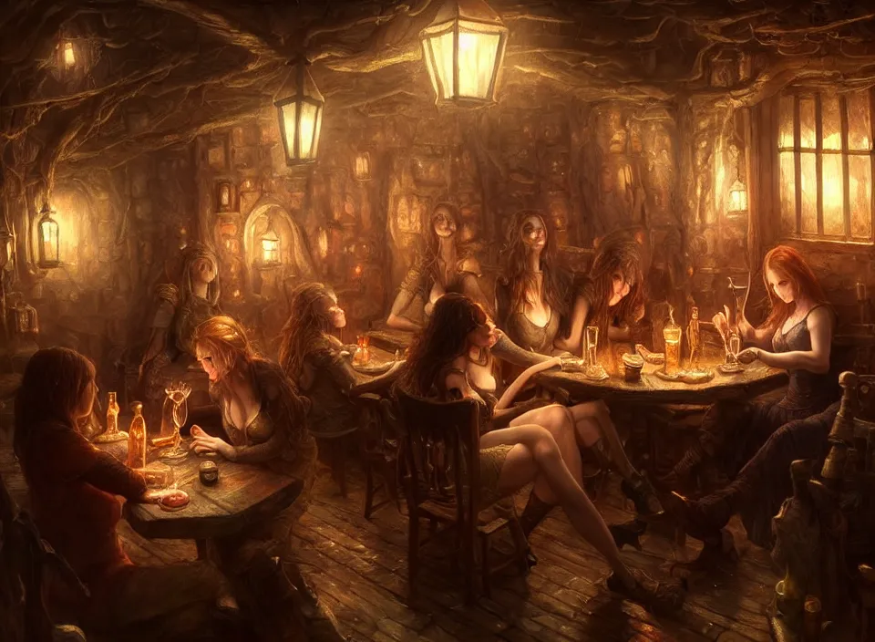 Prompt: many beautiful women drinking, dimly-lit cozy tavern, relaxed pose, fantasy art, detailed painterly digital art style drawn by charles bowater, beautifully detailed render, post-processing, extremely hyperdetailed, intricate, epic composition, grim yet sparkling atmosphere, cinematic lighting + masterpiece, trending on artstation, very detailed, vibrant colors