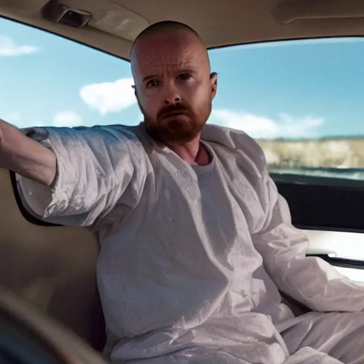 Image similar to Live Action Still of Aaron Paul dressed as and playing Walter White in Breaking Bad, real life, hyperrealistic, ultra realistic, realistic, highly detailed, epic, HD quality, 8k resolution, body and headshot, film still