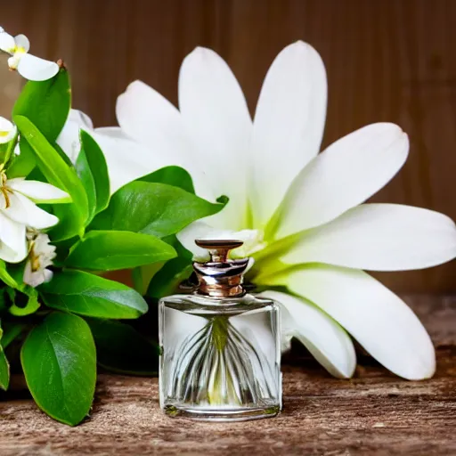 Image similar to perfume bottle surrounded by white flowers, green leaves, and pears, soft zen minimalist, white background, bright, crisp