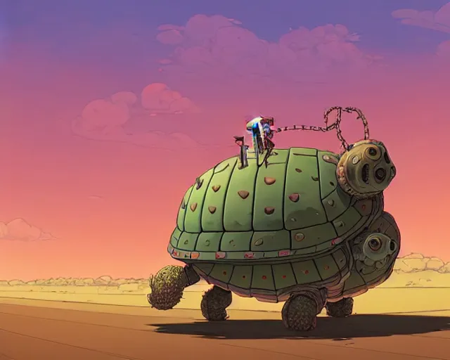 Image similar to a cell shaded cartoon giant lovecraftian mechanized turtle from howl's moving castle ( 2 0 0 4 ), with a big head, on a desert road, full body, wide shot, pink light, golden hour, post grunge, concept art by josan gonzales, wlop, by james jean, victor ngai, hq, deviantart, art by artgem