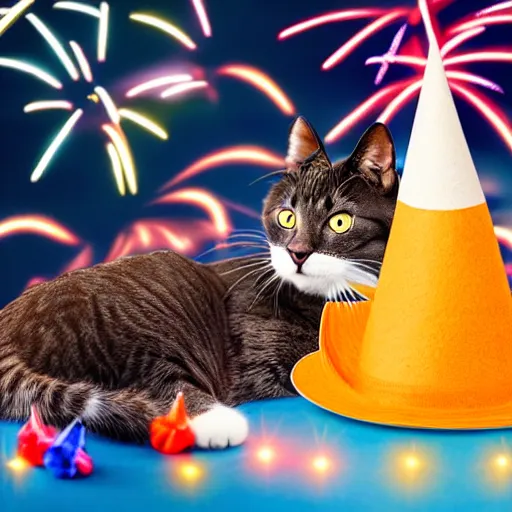 Image similar to a photo of a Cat wearing a birthday hat, studio portrait, fireworks in background