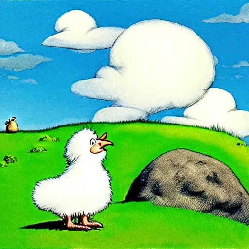 Prompt: view from side of fluffy baby chicken sitting on a grassy hill with rocks around it looking up at the clouds, award winning illustration by maurice sendak and don freeman