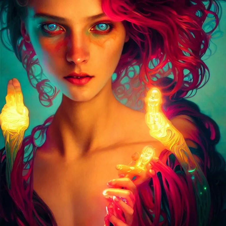 Image similar to bright asthetic portrait LSD glowing liquid, fantasy, intricate, elegant, dramatic lighting, highly detailed, lifelike, photorealistic, digital painting, artstation, illustration, concept art, smooth, sharp focus, art by John Collier and Albert Aublet and Krenz Cushart and Artem Demura and Alphonse Mucha