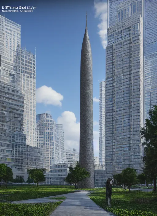 Image similar to highly detailed realistic architecture 3 d render of a stele in the style of power tower standing in a city park, archdaily, made in unreal engine 4 octane render