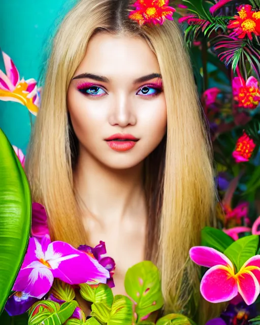 Prompt: an stunning beautiful eastern girl is surrounded by colourful tropical flowers and plants, symmetric face and eyes, upper body face shot, long straight blonde hair, visible face 5 0 mm f 2. 2