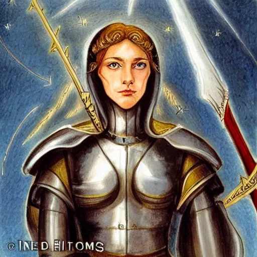 Prompt: beautiful face virtuous jeanne d'arc in the style of william blake, terese nielsen, isolde