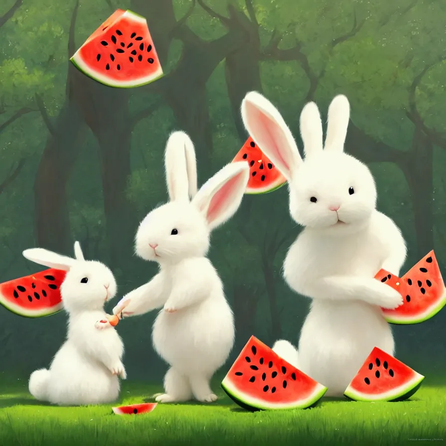 Prompt: Goro Fujita illustrating a cute white fluffy bunny with big ears eating a big watermelon in a forest, art by Goro Fujita, sharp focus, highly detailed, ArtStation