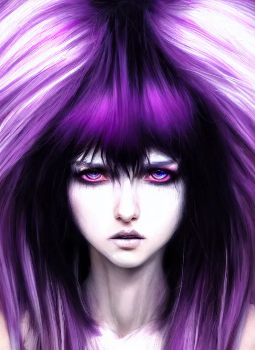 Image similar to hair whitebangs hair, black cyberlox, portrait of normal teenage girl, white bangs, messy bangs, fluffy bangs, cyberlox, whitebangs, red irises, purple background, intricate, elegant, highly detailed, digital painting, artstation, concept art, sharp focus, smooth, illustration, art by wlop, mars ravelo and greg rutkowski