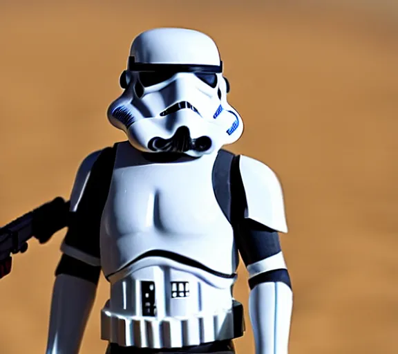 Image similar to a star wars stormtrooper in the desert, dunes, sun, haze