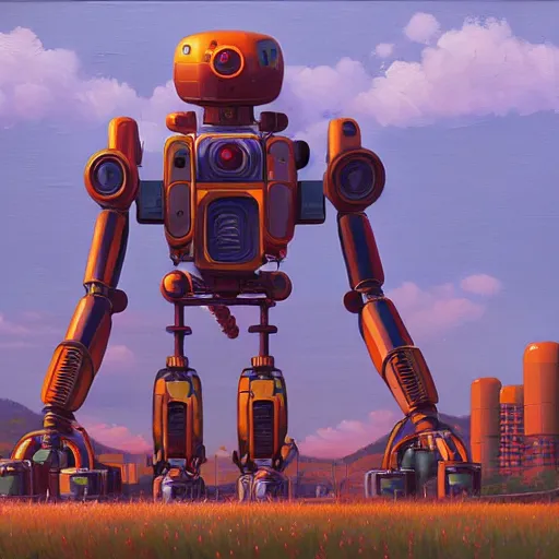 Image similar to an intricate oil painting of a giant anime robot with rounded and circular parts by simon stalenhag