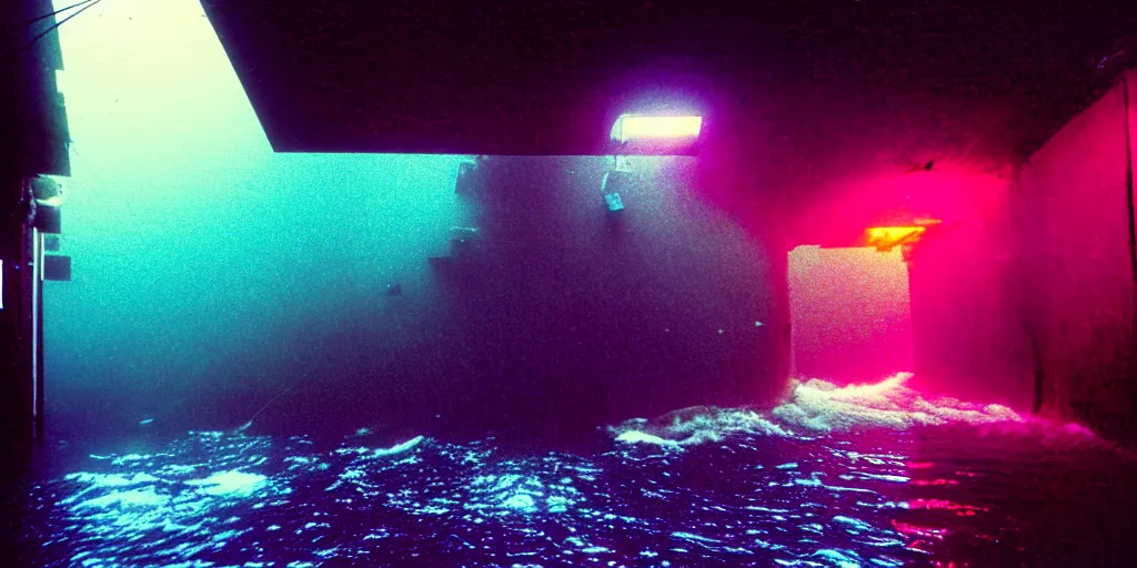 Image similar to underwater footage of a portal at the end of a tokyo alley, thunderstorm and heavy rain, non - euclidean, neon lights, ektachrome photograph, volumetric lighting, f 8 aperture, cinematic eastman 5 3 8 4 film