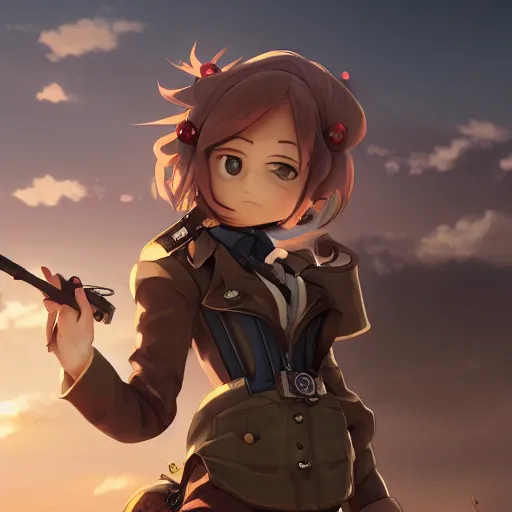 Prompt: girl with a steampunk uniform and weapons and metal wings, serious, extremely detailed, made by wlop and studio ghibli, cinematic lighting, full body portrait, illustration, grass, sunny, clouds, sky, anime, side view,