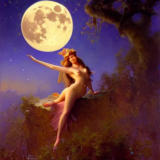 Image similar to attractive fairy magically floating high in the night, fantasy, full moon in background. highly detailed painting by gaston bussiere, craig mullins, j. c. leyendecker, sharp focus, 8 k