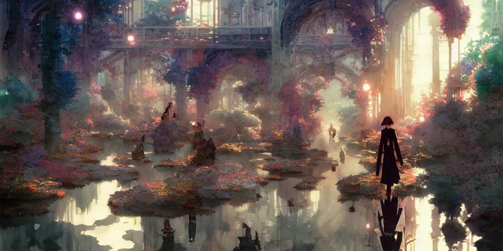 Image similar to anime movie scene, characters walk, waterway, fantasy. intricate, amazing composition, colorful watercolor, reflections, by ruan jia, by maxfield parrish, by koji morimoto, by hikari shimoda, by sparth, by zhang kechun, illustration, gloomy