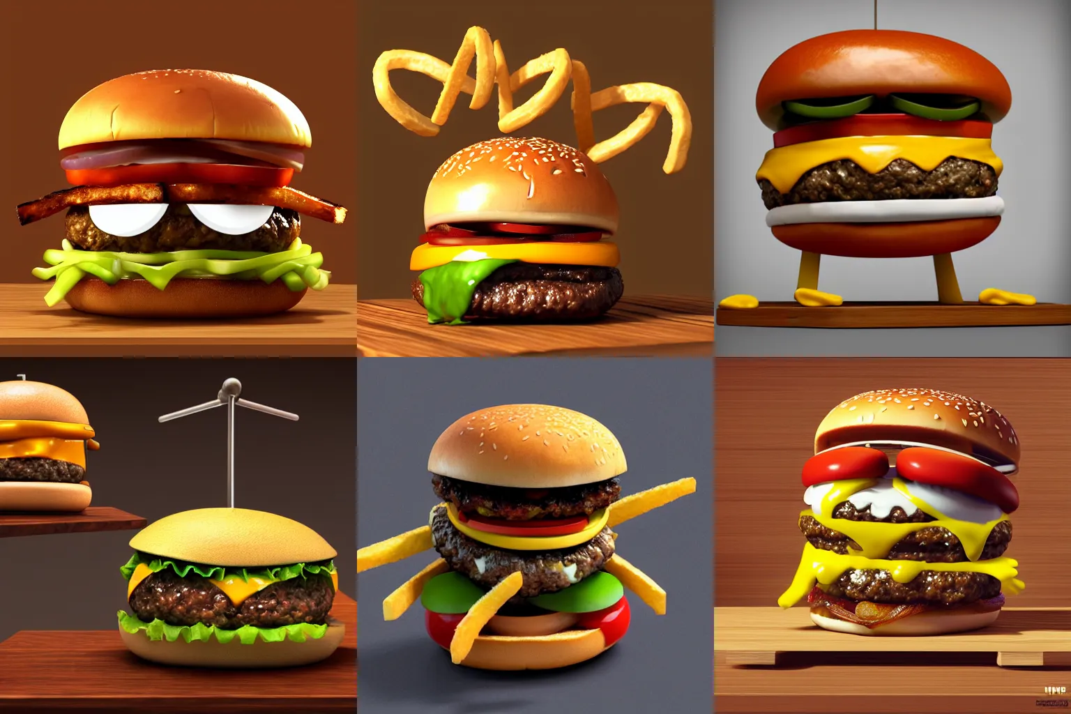 Prompt: a cheeseburger with googly eyes and french fry arms legs sitting on wooden table, concept art painting character design, featured on artstation unreal engine 5, realistic textures, 3 point lighting