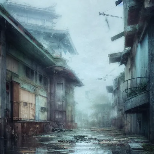 Image similar to walking around dilapidated ikeshima island, nagasaki, japan. volumetric lighting, rain, spring middag, dark overcast weather, realistic illustration, perfectly shaded, soft painting, art by krenz cushart and wenjun lin