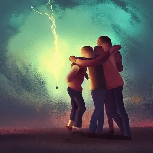 Image similar to “ a family hugging each other for the last time as the world is ending, meteors are falling from the sky, everything is on fire, dramatic lighting, digital art, very very very very very very beautiful, 8 k, dark lighting, trending on artstation, award winning ”