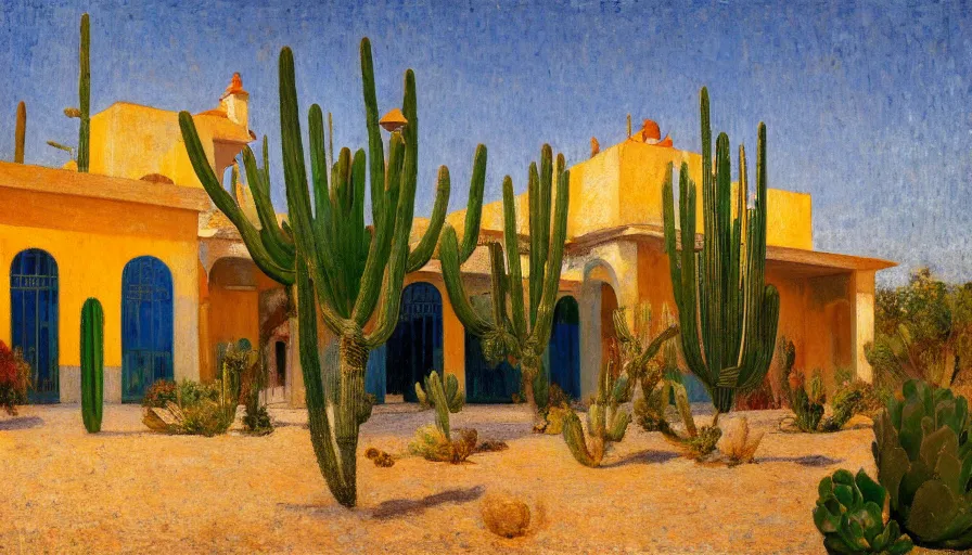 Prompt: a brazilian nordeste mansion designed by jules bastien - lepage, tarsila do amaral, frank weston and gustave baumann, desert, trending on artstation, mediterranean, cactus, sharp focus, colorful refracted sparkles and lines, soft light, 8 k 4 k