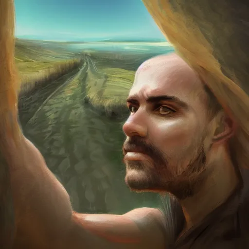 Image similar to The last selfie on earth, landscape, highly detailed, sharp focus, illustration, 8k, trending on Artstation