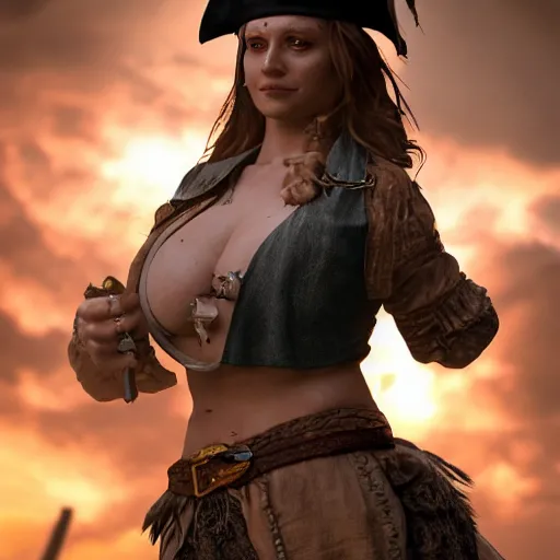 Prompt: full body pose, hyperrealistic photograph of a drunk pirate woman, dim volumetric lighting, 8 k, octane beautifully detailed render, extremely hyper detailed, intricate, epic composition, cinematic lighting, masterpiece, trending on artstation, very very detailed, stunning, hdr, smooth, sharp focus, high resolution, award, winning photo, dslr, 5 0 mm