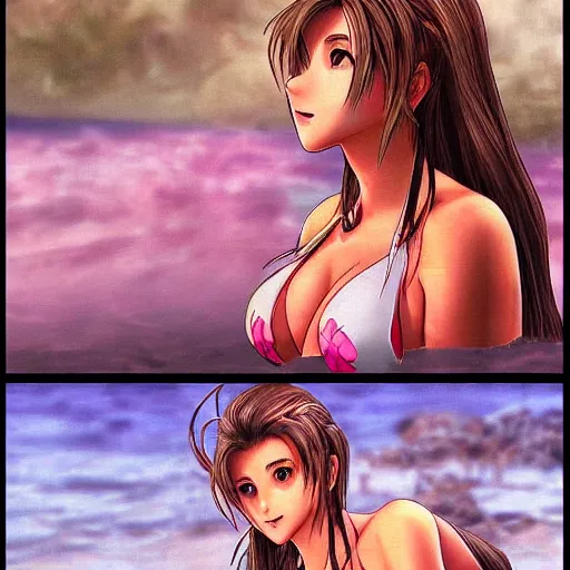 Prompt: beautiful aerith from final fantasy in a bikini on the beach making eye contact drawn by sakimichan