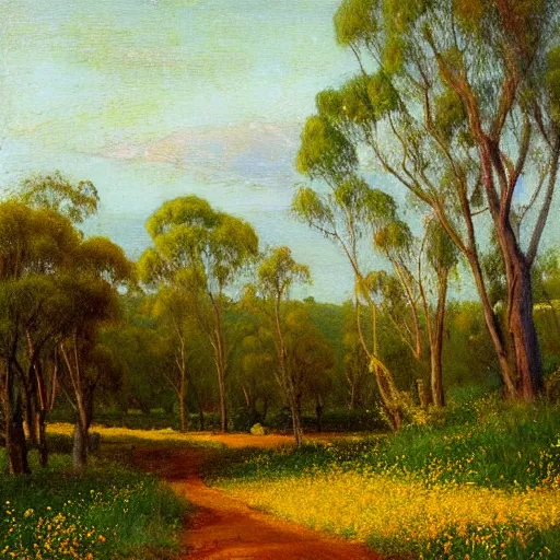 Image similar to a painting of a dirt road surrounded by eucalyptus trees and california golden poppies, woodland hill in the distance. an oil painting by Julian Onderdonk, featured on deviantart, australian tonalism, pre-raphaelite, impressionism, detailed painting