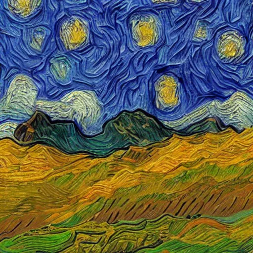 Image similar to Mountain Range in the style of Van Gogh and Chris van Dijk, 4k extreme detail, masterpiece of impressionism