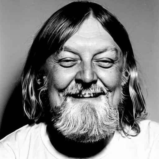 Image similar to robert wyatt smiling with open mouth, staring at his bowl of amanita mushrooms