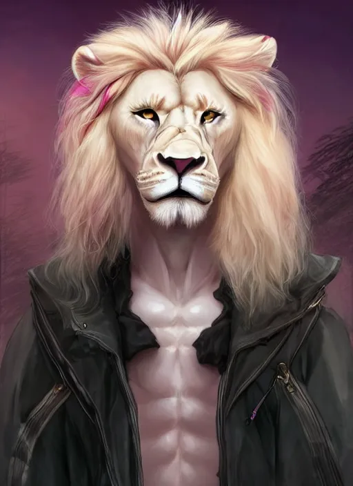 Prompt: aesthetic portrait commission of a of a male fully furry muscular anthro albino lion with a tail and a beautiful attractive hyperdetailed face wearing stylish and creative unkempt black and pink wired clothes in a sci-fi dystopian city at golden hour while it storms in the background. Character design by charlie bowater, ross tran, artgerm, and makoto shinkai, detailed, inked, western comic book art, 2021 award winning painting