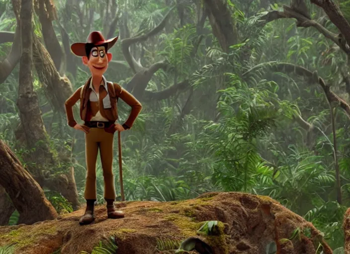 Prompt: a still from a pixar movie, of a kangaroo dressed like indiana jones, standing in a tropical forest, hd 4 k high detailed